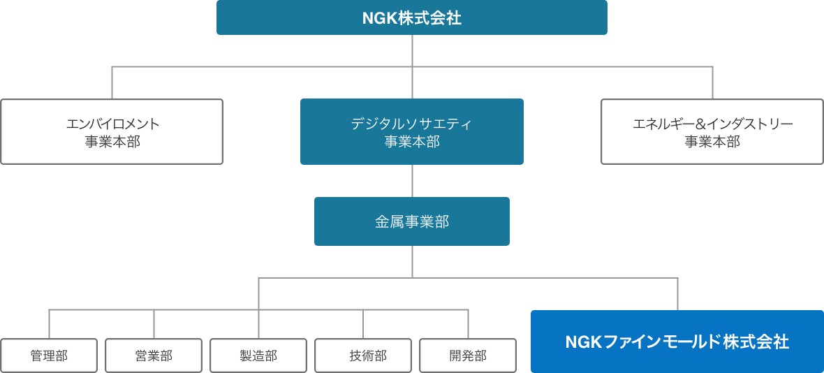 NGK株式会社には、エンバイロメント事業本部、デジタルソサエティ事業本部、エネルギー＆インダストリー事業本部があります。NGKグループの一員であるNGKファインモールドは、デジタルソサエティ事業本部 金属事業部の配下にあります。